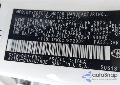 2012 Toyota Camry Xle from USA, damaged, VIN 4T1BF1FK6CU572902